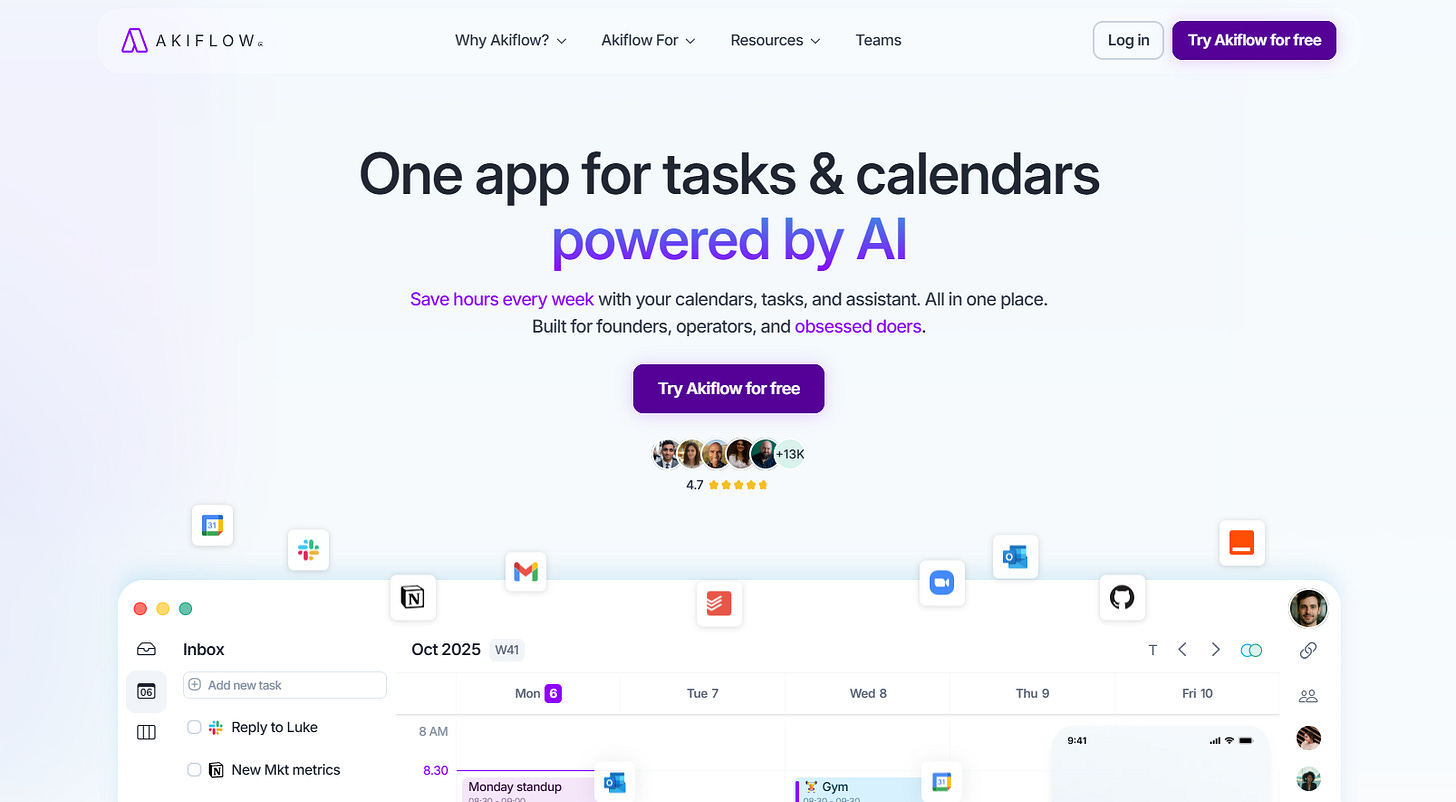 Hero section of Akiflow's website. Heading says "One app for tasks & calendars powered by AI"