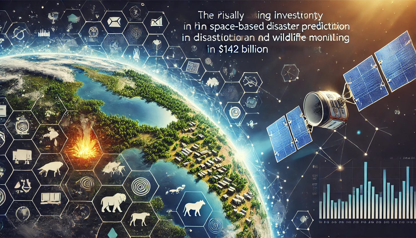 A visually engaging digital illustration of a satellite in space scanning the Earth, with highlights of wildlife habitats and disaster zones, symbolizing the opportunity for retail investors in space-based disaster prediction and wildlife monitoring. The image should incorporate bright colors, with a focus on the satellite and Earth, showcasing the potential for profit in the $142 billion market. Include wildlife elements like forests and animals, with abstract icons representing technology and data analysis.