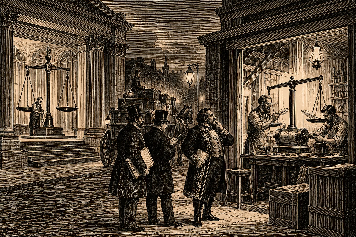 Wood-engraving editorial illustration in the Thomas Nast Harper's Weekly style for Attention Capital's essay The Meter Is the Market, depicting the incumbent currency losing its anchor customer's confidence. A showman and his bankers stand in the street with their backs to the grand established weigh-house, appraising a half-built rival instrument through a workshop window, their loaded wagon pointed toward neither door yet. The image argues Section V: the NFL is openly evaluating alternatives to Nielsen, and reference rates hold only while the largest participants keep showing up. Keywords: VideoAmp NFL, alternative measurement currency, Nielsen competition, sports rights negotiation, basis risk.
