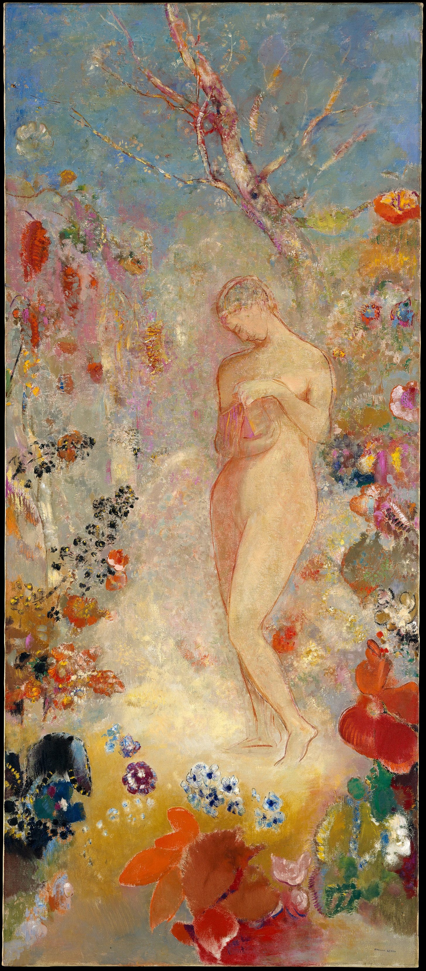 A pale nude woman stands in a tall narrow garden of bright, oversized flowers, hugging a small box to her chest.