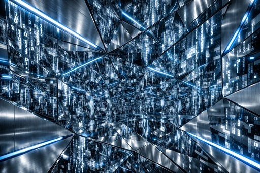 An abstract geometric composition of mirrored surfaces reflecting only patterns and code, with no clear point of origin or consciousness