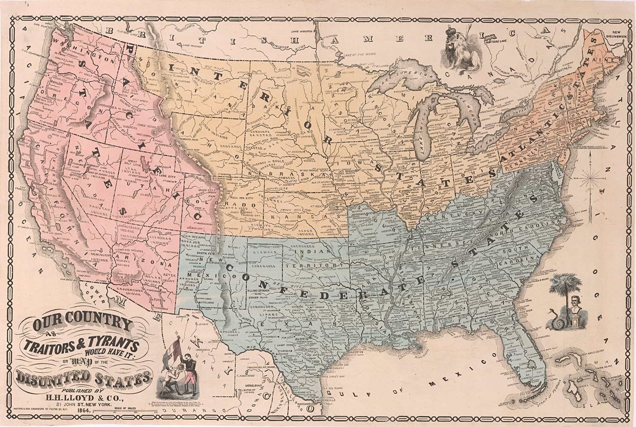 This vintage map, published in 1864, reflects anti-secession sentiment by taking secession to an extreme conclusion.