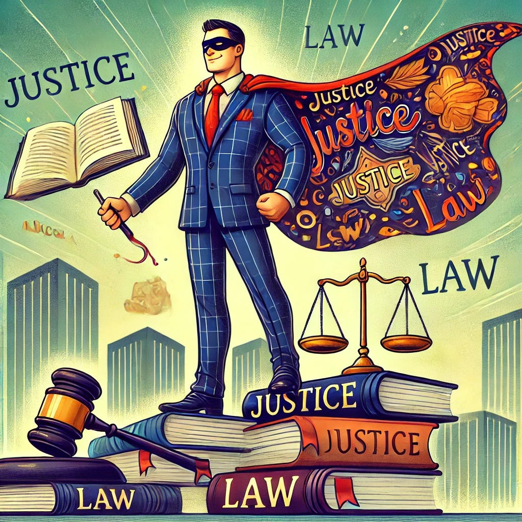 A vibrant and whimsical illustration of a superhero lawyer, wearing a sharp suit with a flowing cape made of legal documents, standing confidently atop a stack of books labeled 'Justice' and 'Law'. The background shows a stylized cityscape with scales of justice subtly integrated into the skyline. The lawyer holds a glowing gavel in one hand and a shield symbolizing the rule of law in the other, with a mix of humour and professionalism. The overall mood is lighthearted yet inspiring, capturing the idea of lawyers as superheroes. Bright and engaging colours.