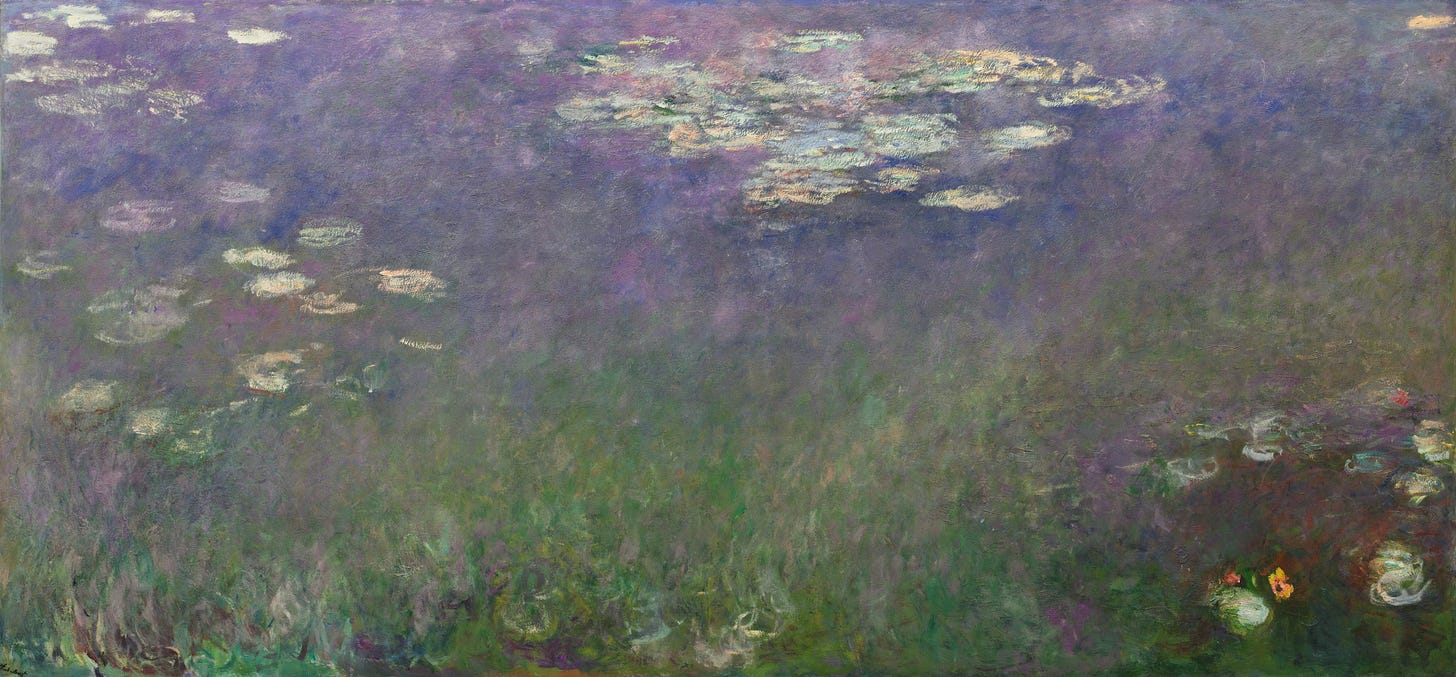 Water Lilies (Agapanthus) by Claude Monet: pale lily pads drifting on violet water above dense green reeds
