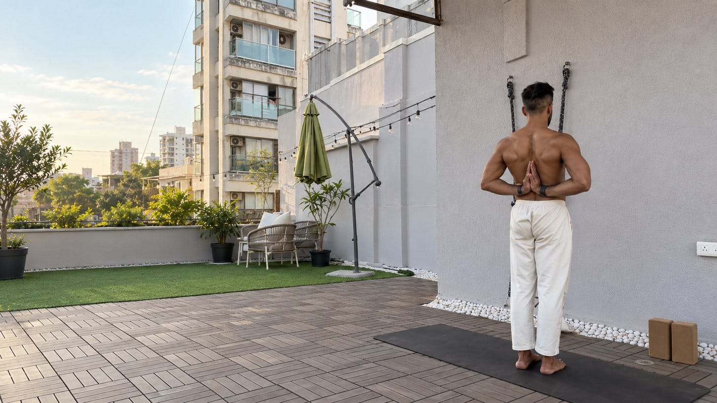 Man in white trousers doing a standing yoga pose with hands in reverse prayer, on a Mumbai rooftop terrace at dusk Man in white trousers doing a standing yoga pose with hands in reverse prayer, on a Mumbai rooftop terrace at dusk
