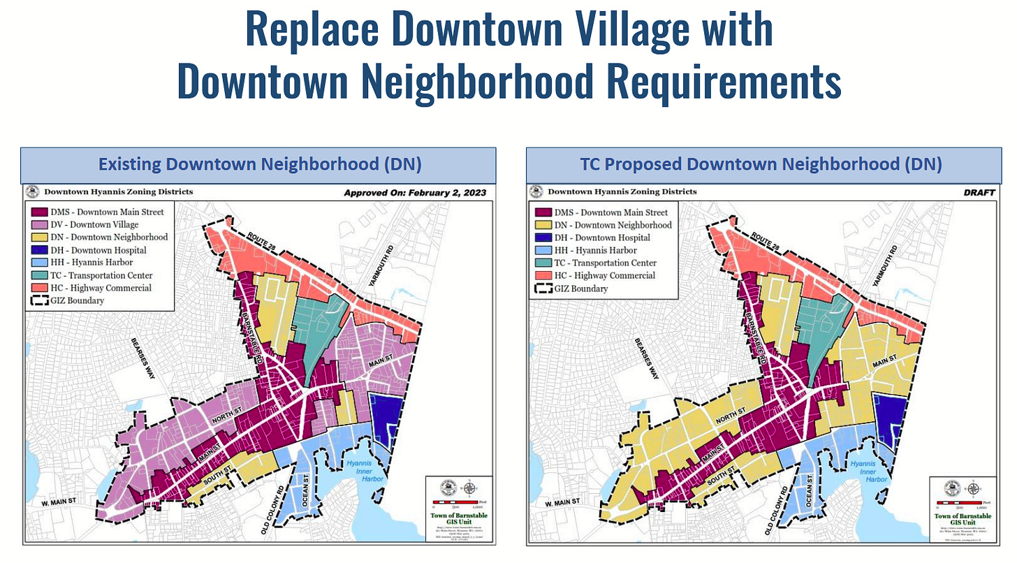 Two maps, one showing current zoning as of 2023 and the other showing proposed zoning with the complete removal of the downtown Neighborhood district. Two maps, one showing current zoning as of 2023 and the other showing proposed zoning with the complete removal of the downtown Neighborhood district.