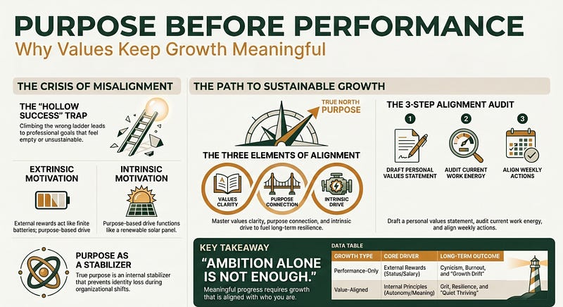Infographic titled ‘Purpose Before Performance’ that details how to align personal values with professional growth to achieve sustainable success and intrinsic motivation. It illustrates the ‘hollow success’ trap of pure ambition and provides practical steps—such as a values audit— to bridge the gap between daily action and deeper purpose. Infographic titled ‘Purpose Before Performance’ that details how to align personal values with professional growth to achieve sustainable success and intrinsic motivation. It illustrates the ‘hollow success’ trap of pure ambition and provides practical steps—such as a values audit— to bridge the gap between daily action and deeper purpose.