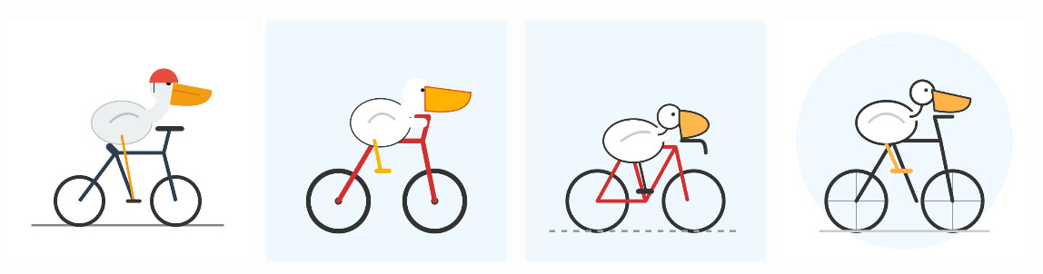 Minimalist line-art illustration of a stylized white bird with a large orange beak riding a simple black bicycle with one orange pedal, centered against a light blue circular background.