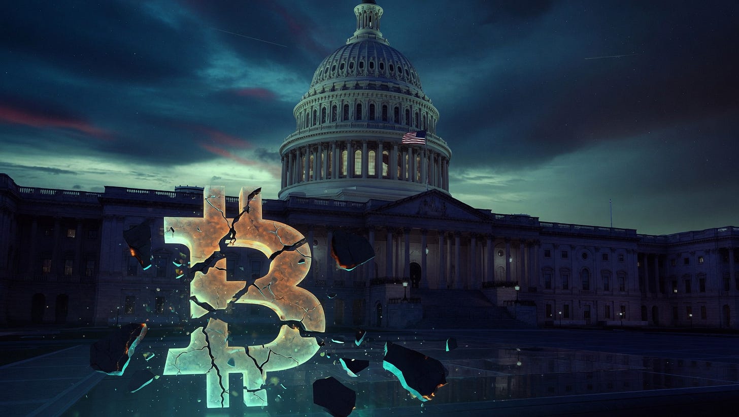 A fractured, glowing Bitcoin symbol stands in front of the US Capitol building under a dark stormy sky, cracks of light breaking through the symbol, representing the fragile foundations of the US Strategic Bitcoin Reserve.