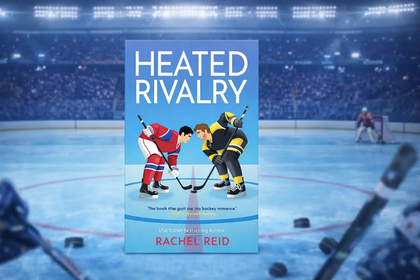 Book cover of Heated Rivalry by Rachel Reid, showing two hockey players facing off on the ice in opposing uniforms. Autism. Depression.