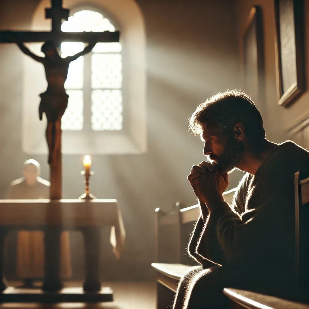 An image of a humble, weary father, sitting quietly in a church with a soft light shining through a window. The father, with a contemplative and repentant expression, gazes at the altar, where a simple crucifix stands, symbolizing Christ's sacrifice. The scene evokes a sense of vulnerability, spiritual struggle, and hope. The church interior is warm and simple, with a few pews and candles lit in the background, casting a peaceful and solemn atmosphere.