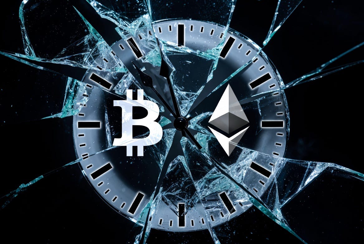 A fractured clock face with hands near midnight, shattered glass showing embedded Bitcoin and Ethereum symbols, cold blue light catching broken edges against a black background. A fractured clock face with hands near midnight, shattered glass showing embedded Bitcoin and Ethereum symbols, cold blue light catching broken edges against a black background.
