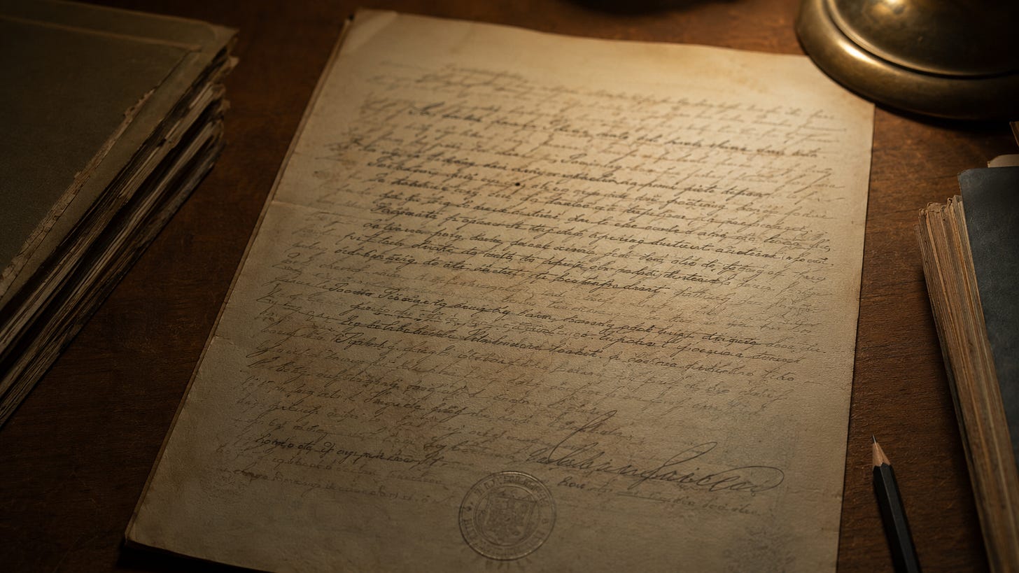 A handwritten witness statement on a desk, signed, with a second layer of handwriting visible underneath the ink like a palimpsest — the under-writing and the over-writing saying the same thing in different hands, but the actual text is worn to the degree it cannot be read. A handwritten witness statement on a desk, signed, with a second layer of handwriting visible underneath the ink like a palimpsest — the under-writing and the over-writing saying the same thing in different hands, but the actual text is worn to the degree it cannot be read.