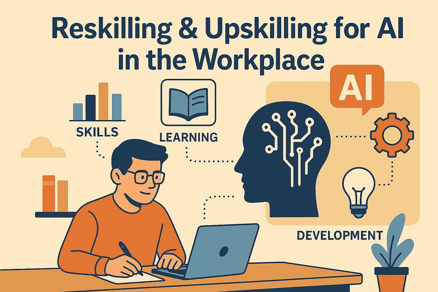 Illustration showing reskilling and upskilling for AI in the workplace through learning, skills development, and innovation Illustration showing reskilling and upskilling for AI in the workplace through learning, skills development, and innovation