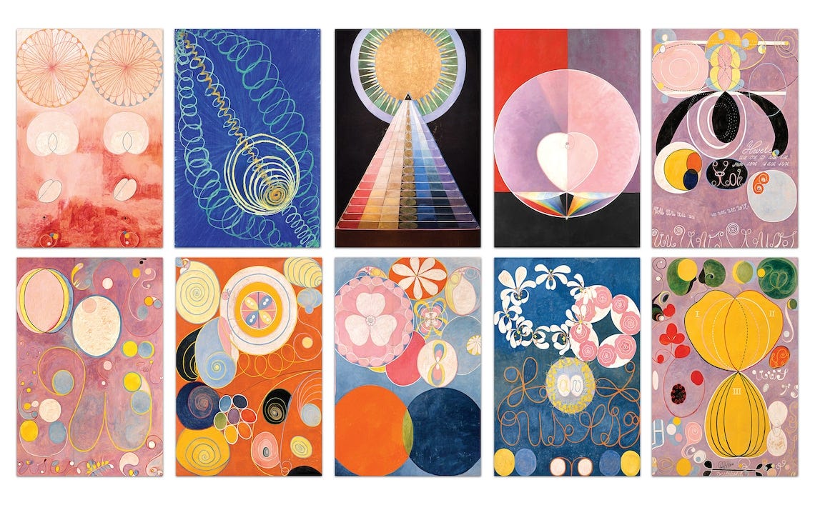 May include: A set of ten abstract paintings in a grid format. The paintings feature circles, spirals, and geometric shapes in various colors, including pink, blue, yellow, orange, and green. Some of the paintings include text. May include: A set of ten abstract paintings in a grid format. The paintings feature circles, spirals, and geometric shapes in various colors, including pink, blue, yellow, orange, and green. Some of the paintings include text.