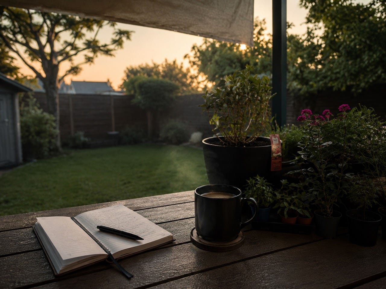 A quiet garden terrace on a cool summer morning with a steaming mug of coffee and an open notebook on a wooden table, overlooking a peaceful lawn and potted plants, conveying calm reflection and the joy of writing only when inspiration comes.