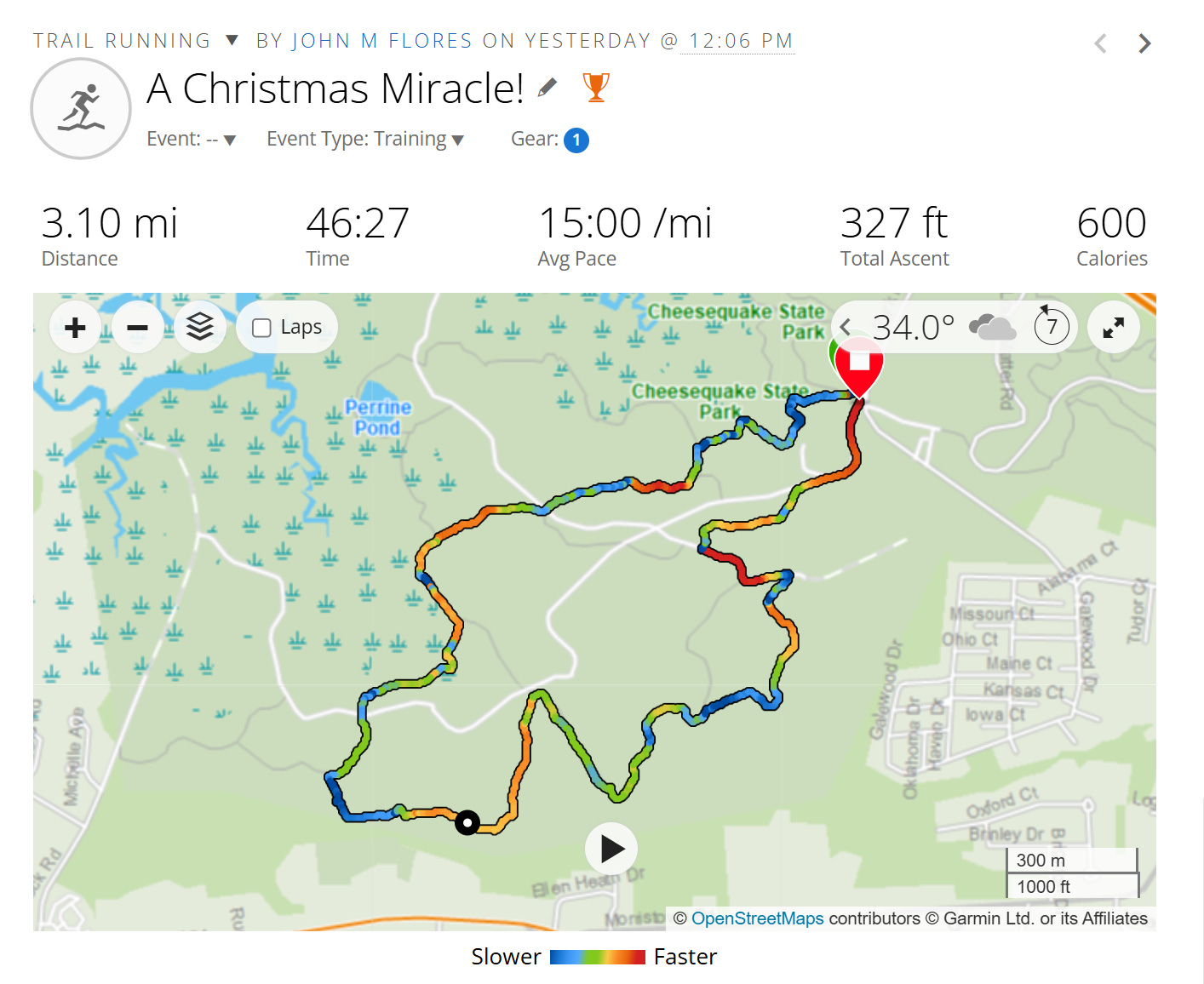 screen capture showing the details of a trail run. The run is labeled "A Christmas Miracle!" Displayed statistics include Distance: 3.10 mi Time: 46:27 Avg Page 15:00/mi. A map of the route is displayed. The map is shaded green, denoting woods and parkland.