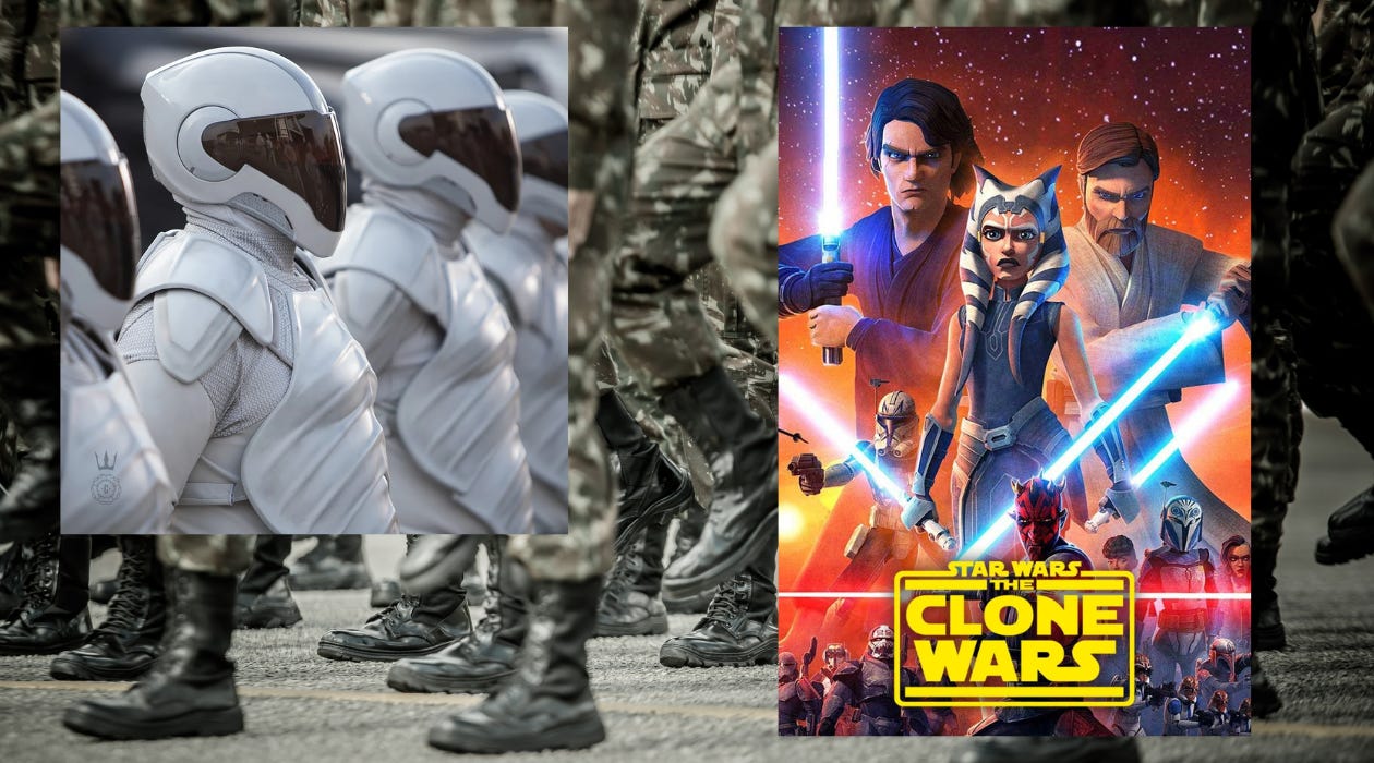 Peacekeepers from The Hunger Games and Star Wars: The Clone Wars poster super-imposed on a marching army