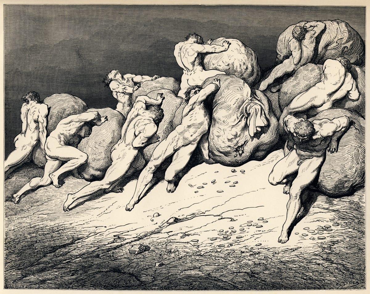 Gustave Doré's illustration to Dante's Inferno. Plate XXII: Canto VII: The hoarders and wasters. Gustave Doré's illustration to Dante's Inferno. Plate XXII: Canto VII: The hoarders and wasters.