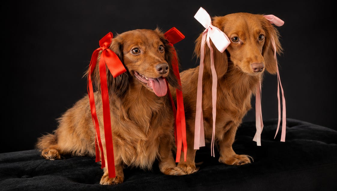 Nicole and Nora, two long-haired miniature dachshunds in red and pink ribbons, sitting together on a black velvet bench Nicole and Nora, two long-haired miniature dachshunds in red and pink ribbons, sitting together on a black velvet bench
