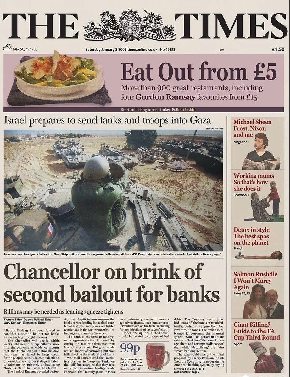 Florian Kössler on Twitter: "The answer to Central Bank Madness - #Bitcoin  Block: 01 The Times 03/Jan/2009 Chancellor on brink of second bailout for  banks. Block: 630.000 NYTimes 09/Apr/2020 With $2.3T Injection,
