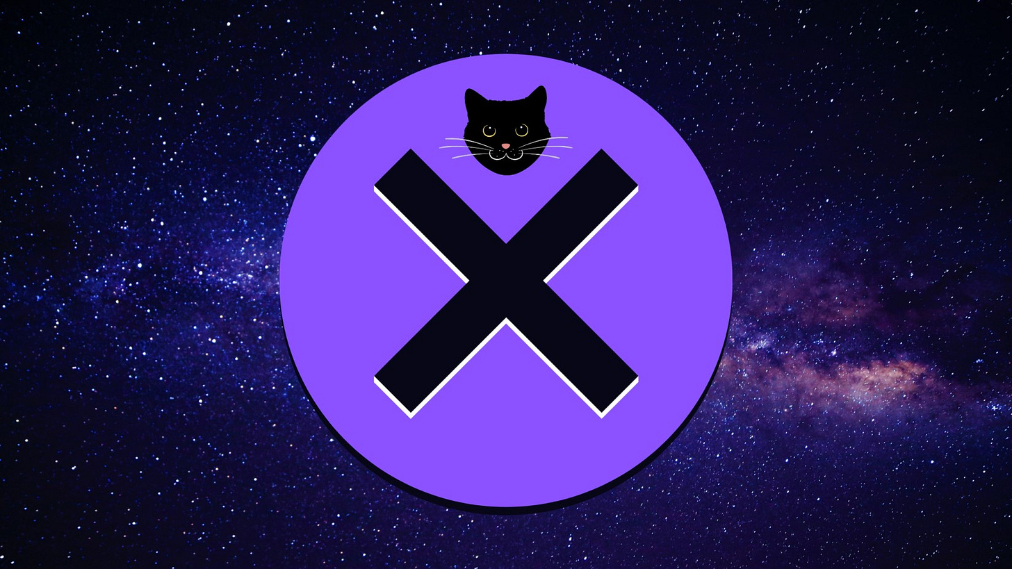 Image of cat face and x icon inside round above space background