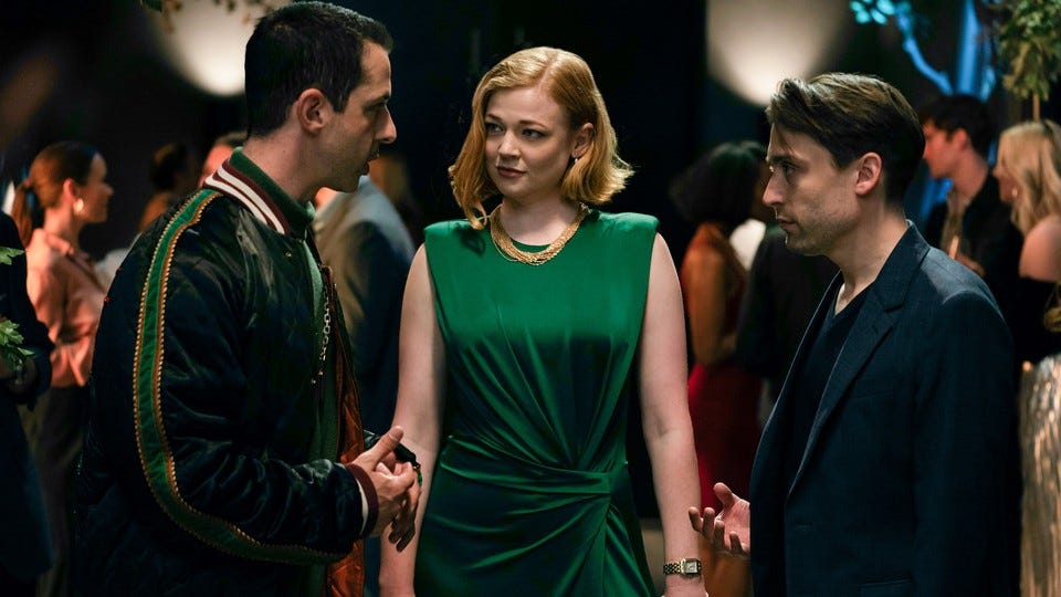 Kendall, Shiv, and Roman in deep discussion on 'Succession.'
