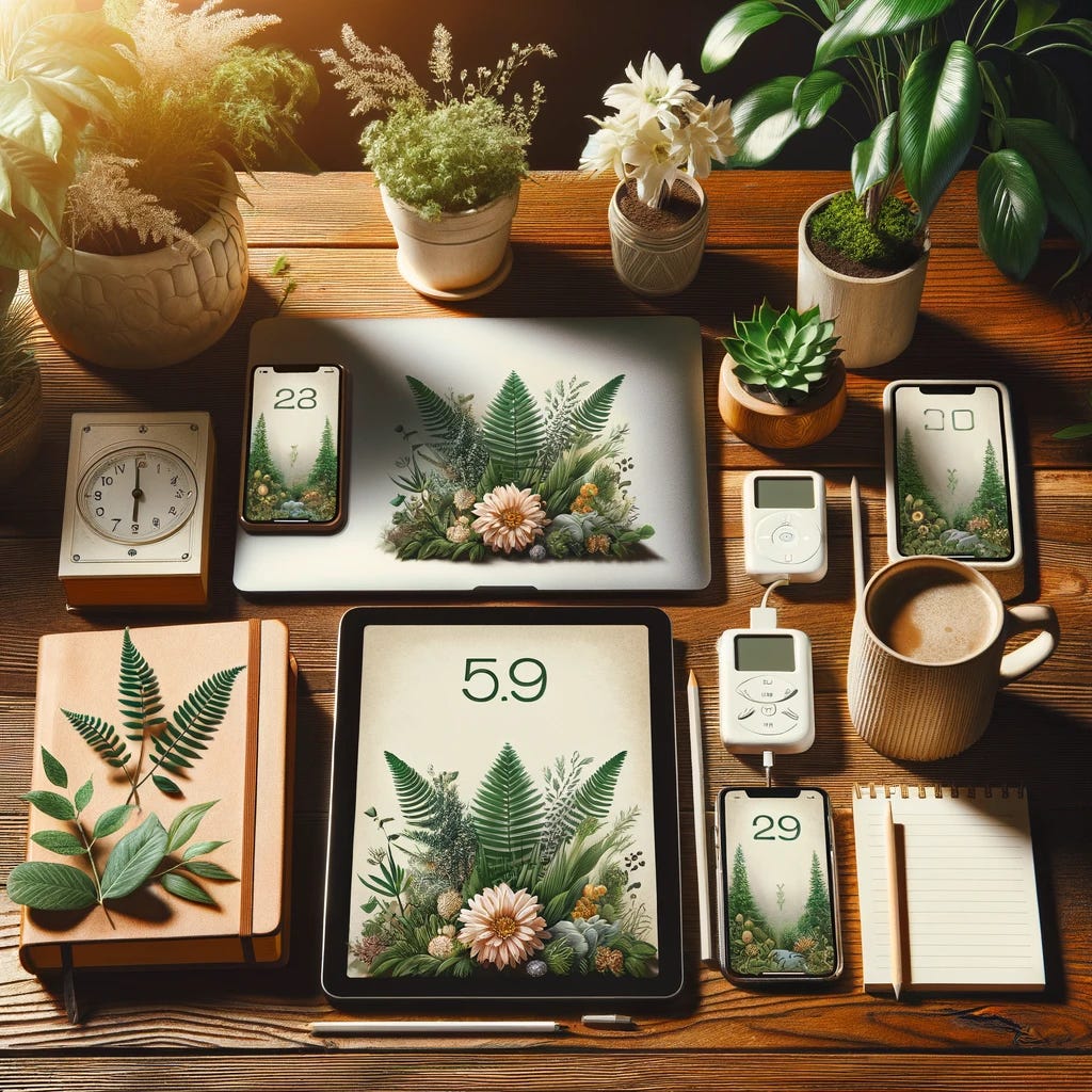 An image illustrating the concept of digital detox, featuring a smartphone, tablet, and laptop with screens turned off, surrounded by nature elements like plants, flowers, and possibly a book or a notepad. This scene symbolizes the balance between technology and the natural world, encouraging a break from digital devices to reconnect with the environment and oneself. The setting is peaceful, suggesting a harmonious integration of technology and personal wellness, with a diverse representation of ethnic backgrounds through subtle cues in the surroundings. An image illustrating the concept of digital detox, featuring a smartphone, tablet, and laptop with screens turned off, surrounded by nature elements like plants, flowers, and possibly a book or a notepad. This scene symbolizes the balance between technology and the natural world, encouraging a break from digital devices to reconnect with the environment and oneself. The setting is peaceful, suggesting a harmonious integration of technology and personal wellness, with a diverse representation of ethnic backgrounds through subtle cues in the surroundings.