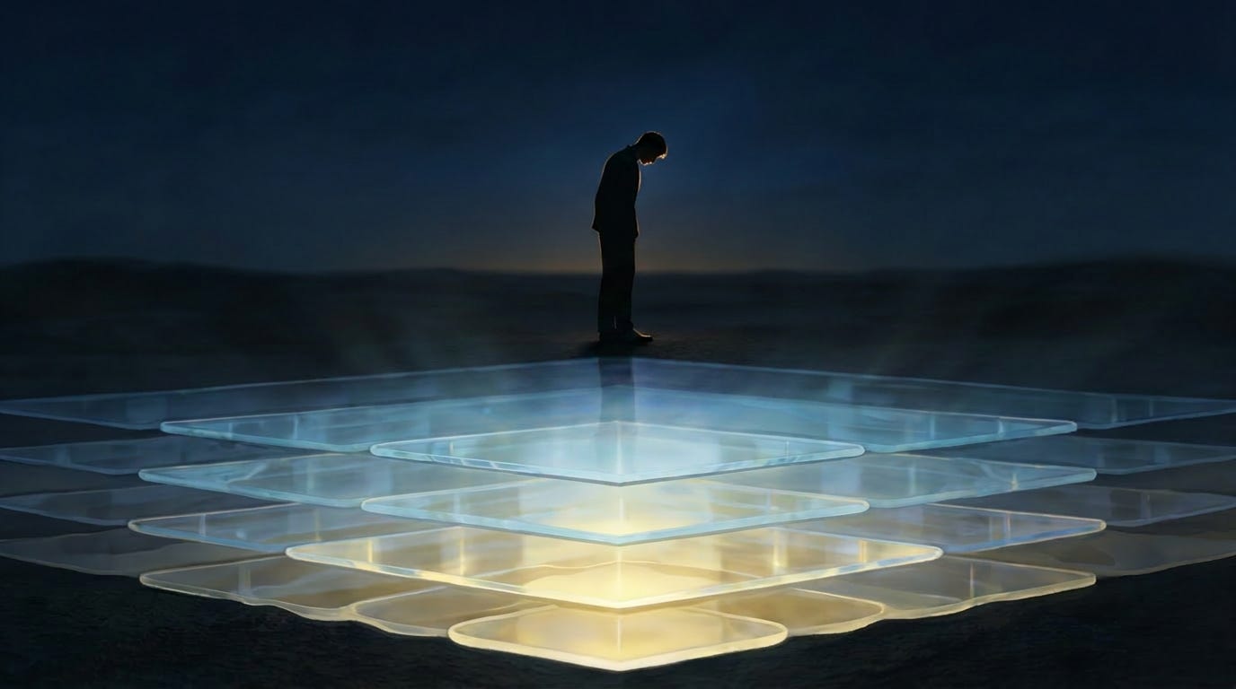 A small silhouetted figure stands at the center of a stack of large glowing transparent platform layers extending outward across a dark landscape. The layers are illuminated from below with soft blue-white light. The figure is solitary and slightly bowed at the top of the stack.