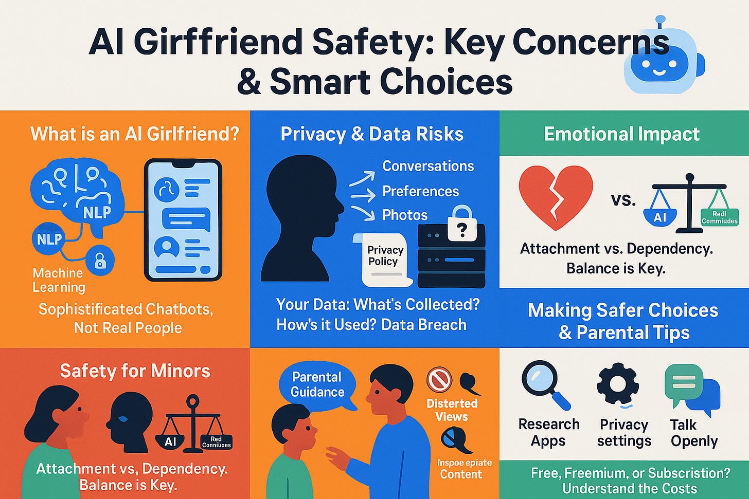 Infographic summarizing safety considerations for AI girlfriend applications. Key sections cover privacy concerns, emotional health risks, youth safety, financial implications, and best practices for responsible usage. Features modern flat icons related to data security, mental well-being, parental controls, and user guidance