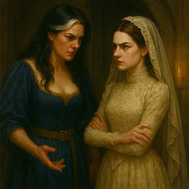 Create an image of Clarion speaking with Sasha in her bridal outfit, set in Castle Ravenloft’s dim dining hall corridor. Clarion is tall and statuesque, with black hair and a single white streak at the front, dressed in her party attire: deep indigo and silver-grey gown with ceremonial silk and hammered silver accents. Her expression is solemn but gentle. Sasha wears her storm-gray bridal gown with worn lace and a mist-like veil, her expression caught between awe and sorrow. Candlelight flickers across the stone walls, casting dramatic shadows. No resemblance to real actresses.