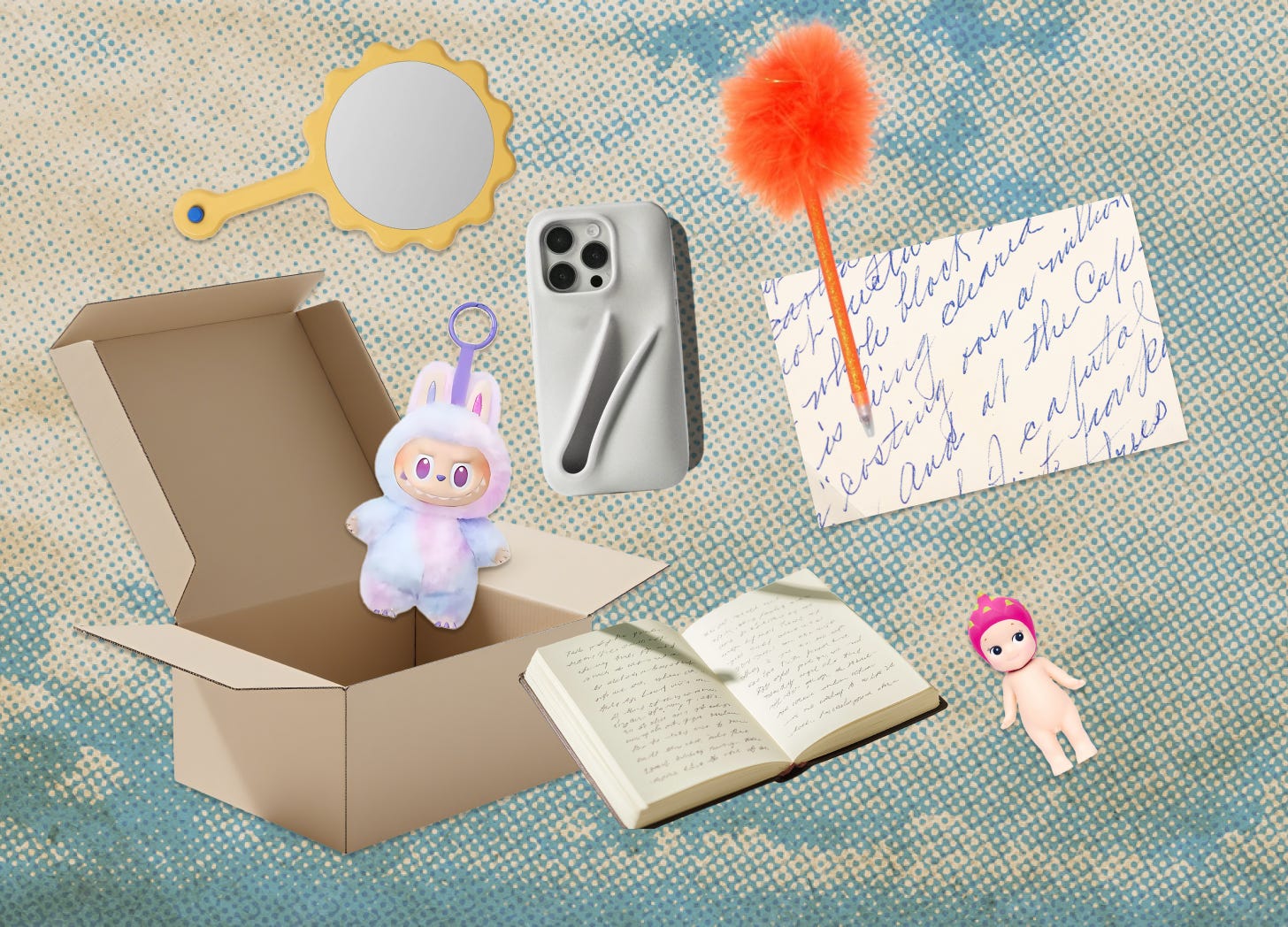 A collage featuring items someone might put in a time capsule, like a labubu or Rhode phone case.