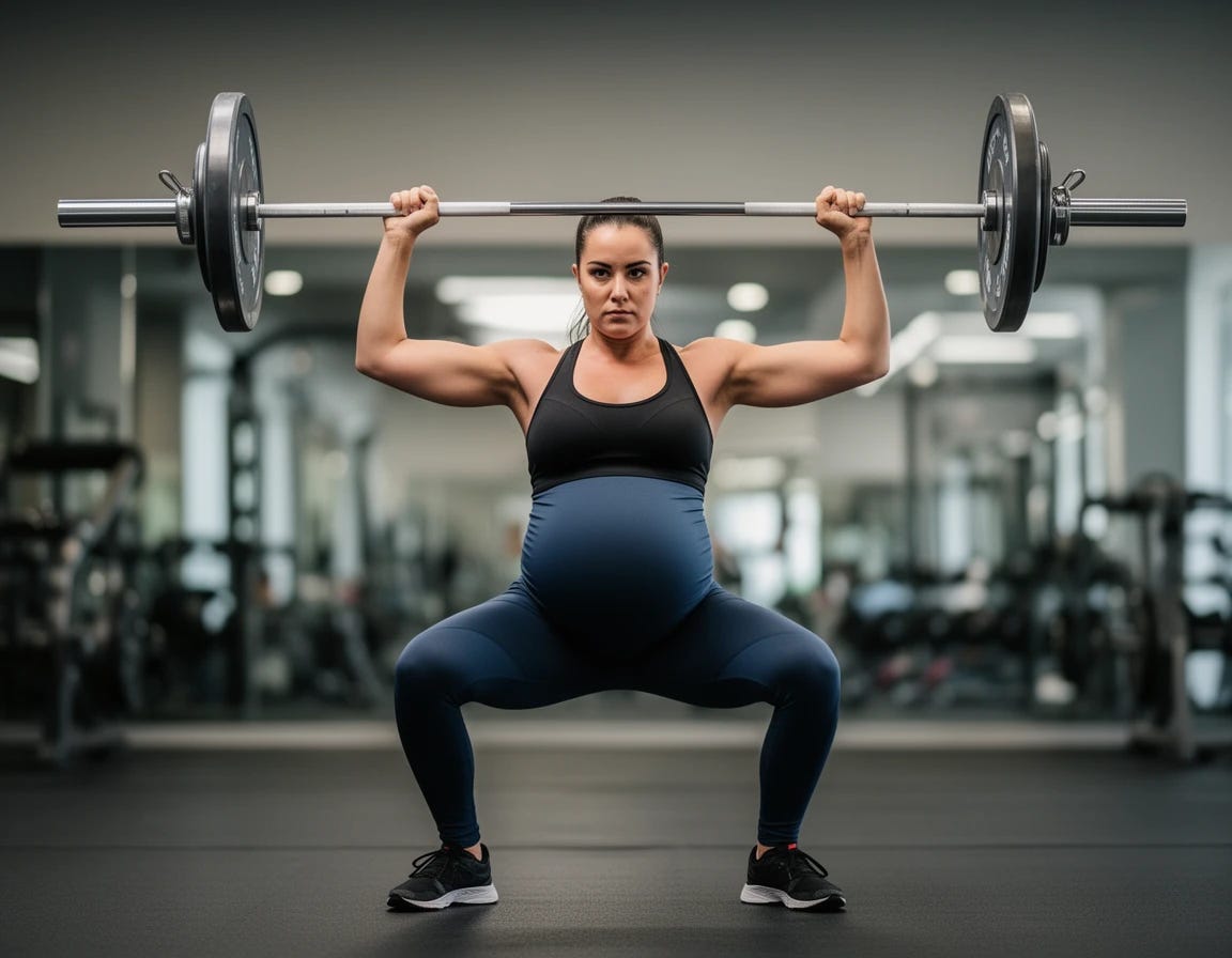 Pregnant woman squatting doing olympic snatch with barbell overhead