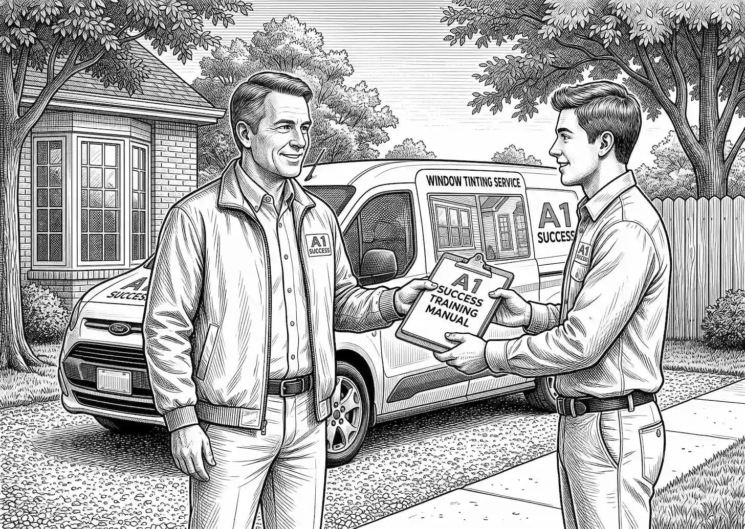 manager presents new window tinting technician with training manual
