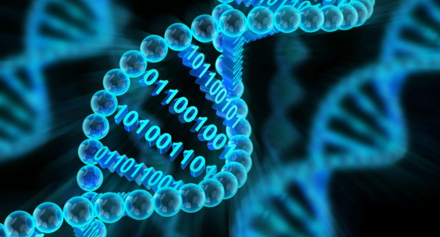 Image of a DNA strand with binary code. Image of a DNA strand with binary code.