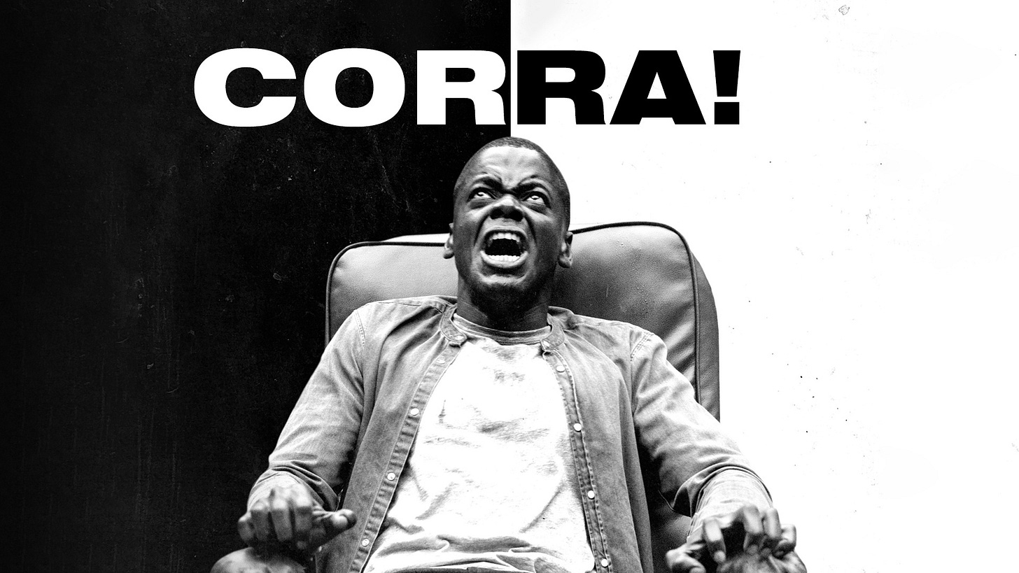 Homem em um sofá, gritando com expressões de medo e desespero, com o texto 'CORRA!' em letras grandes.