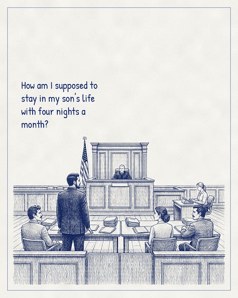 Blue-ink illustrated conversation. A father stands before a judge in a Texas custody hearing.