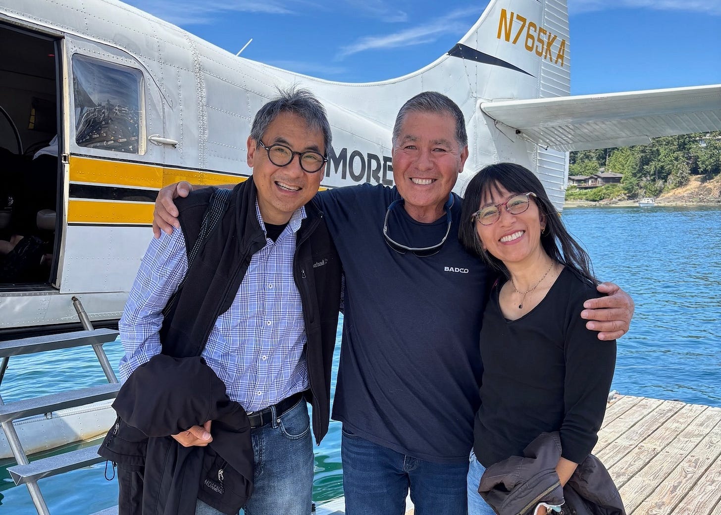 Stephen Pao and Marsha Pao with Marsha's cousin, celebrating his 70th birthday, in front of the Kenmore Air seaplane to Roche Harbor Stephen Pao and Marsha Pao with Marsha's cousin, celebrating his 70th birthday, in front of the Kenmore Air seaplane to Roche Harbor