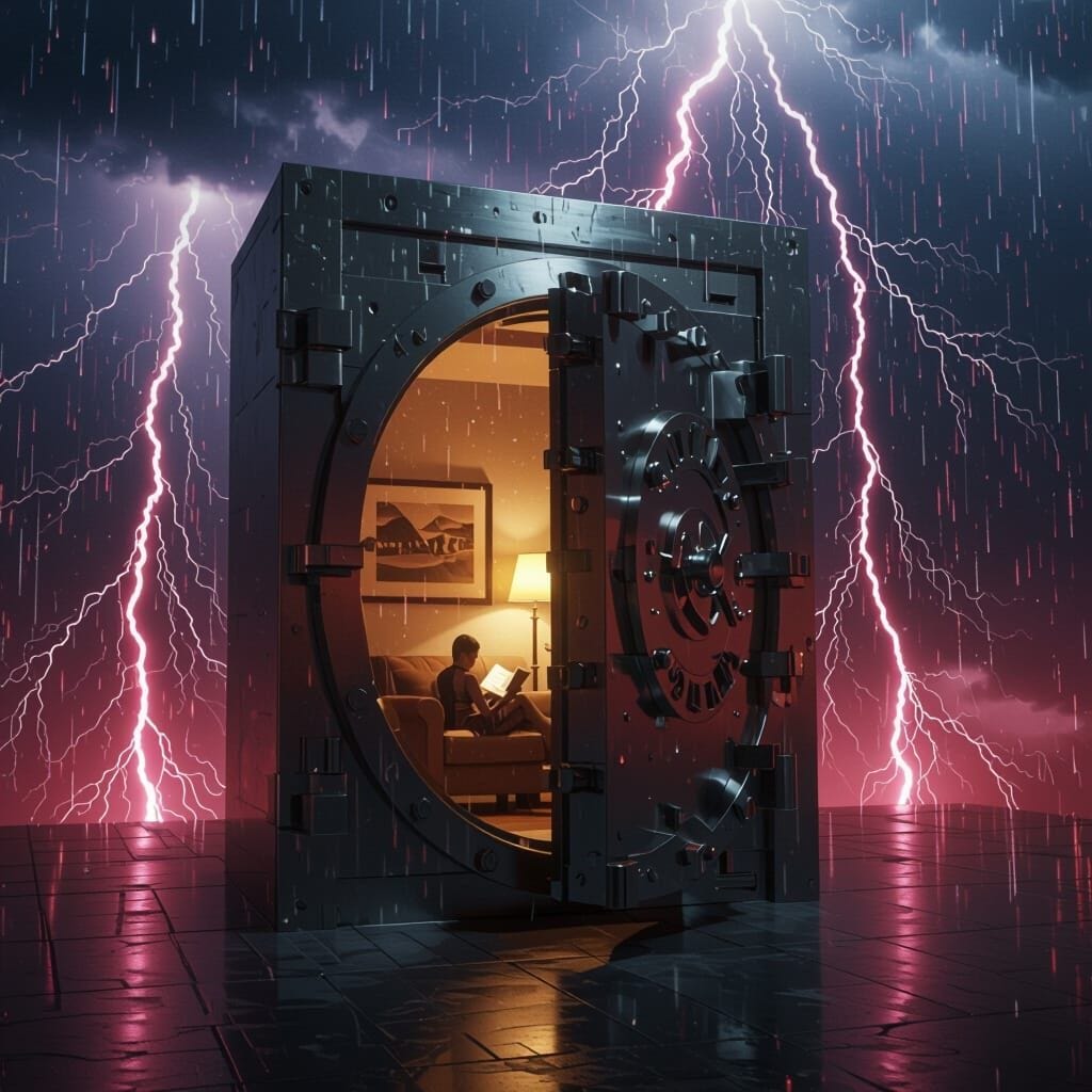 A conceptual 3D render of a heavy, titanium bank vault door standing alone in a dark room. The door is slightly ajar, re...