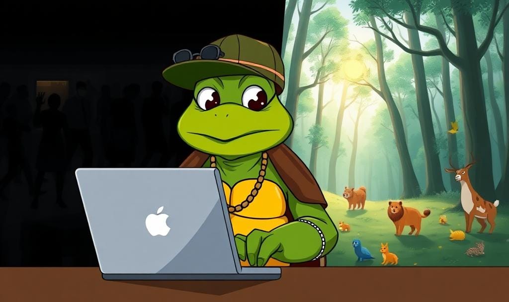 An andromorphic turtle in hip-hop gear working on a laptop with a split background, one side being dark and a bunch of people arguing, and the other side a forest with sunlight and animals playing. 