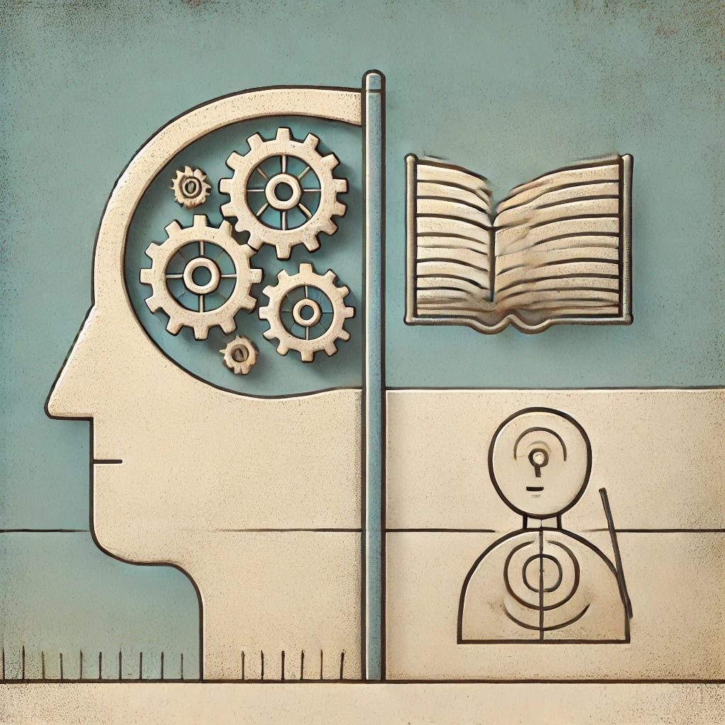 Create a symbolic image to represent the concept 'The Limits of Rationalism in Cultural Evolution.' Depict a simple human brain, with gears inside it to symbolize rationalism, and a subtle barrier or wall surrounding the brain, illustrating the limits of rationalism. Outside the wall, show cultural symbols like a book or a traditional artifact, representing cultural evolution. Use soft colors to create a minimalist yet meaningful contrast between rationalism and cultural evolution.