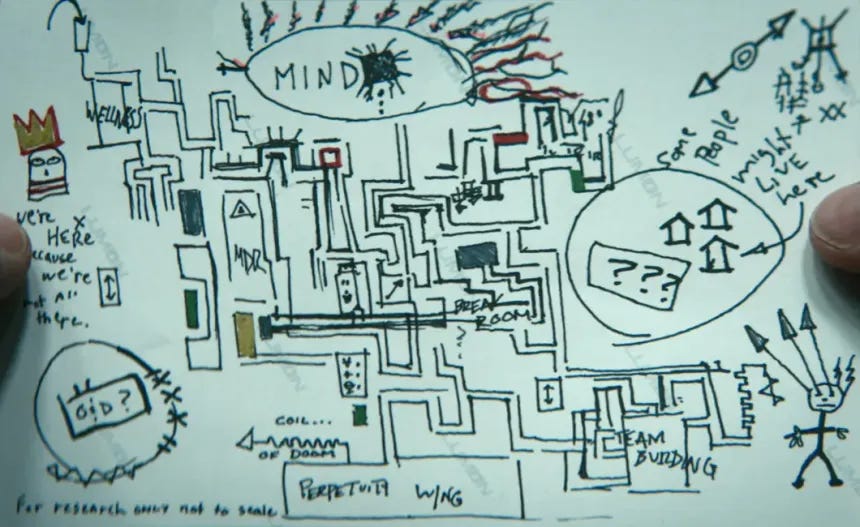 A chaotic map of the Severed floor. The sketch is messy, difficult to understand, and it seems nothing really connects properly.