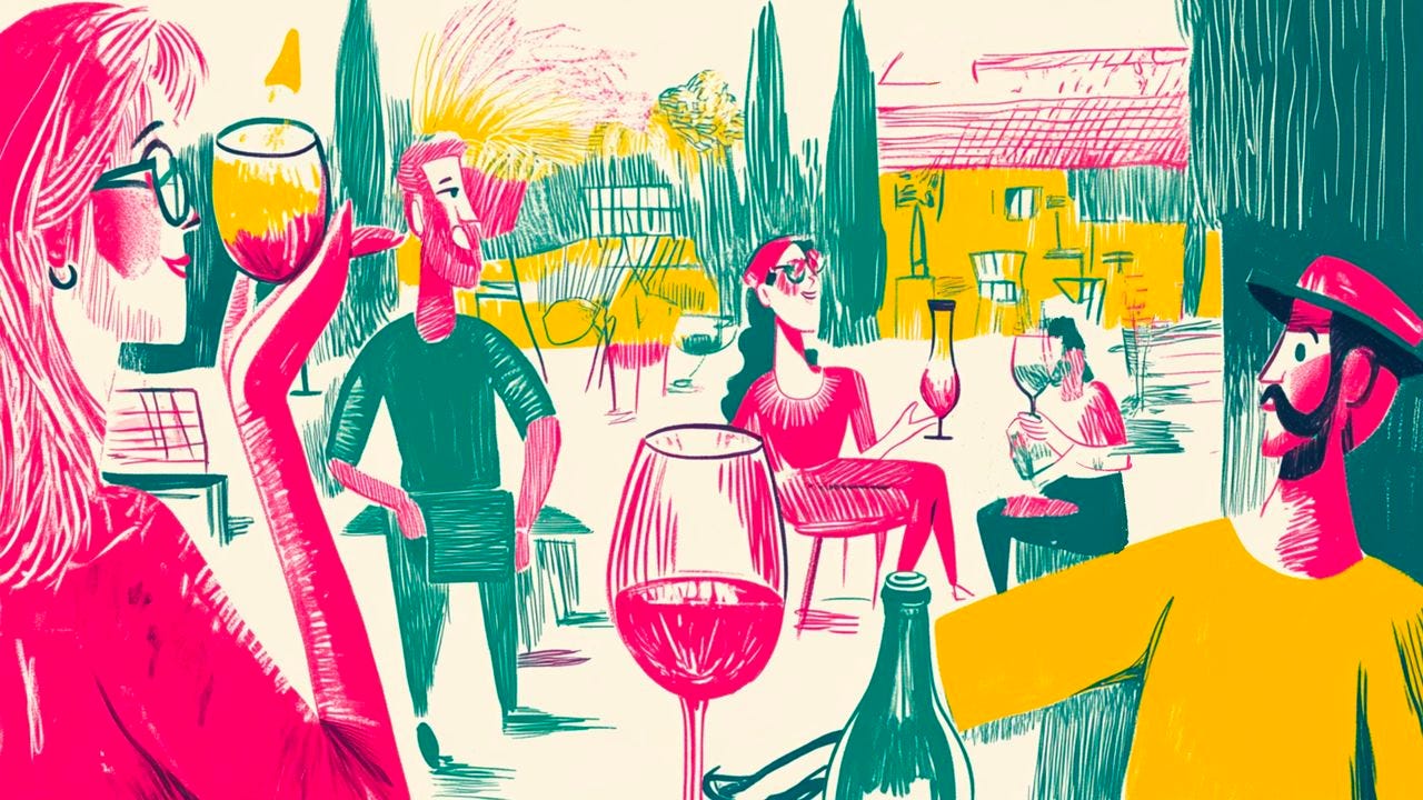 People meeting for drinks in a picturesque location