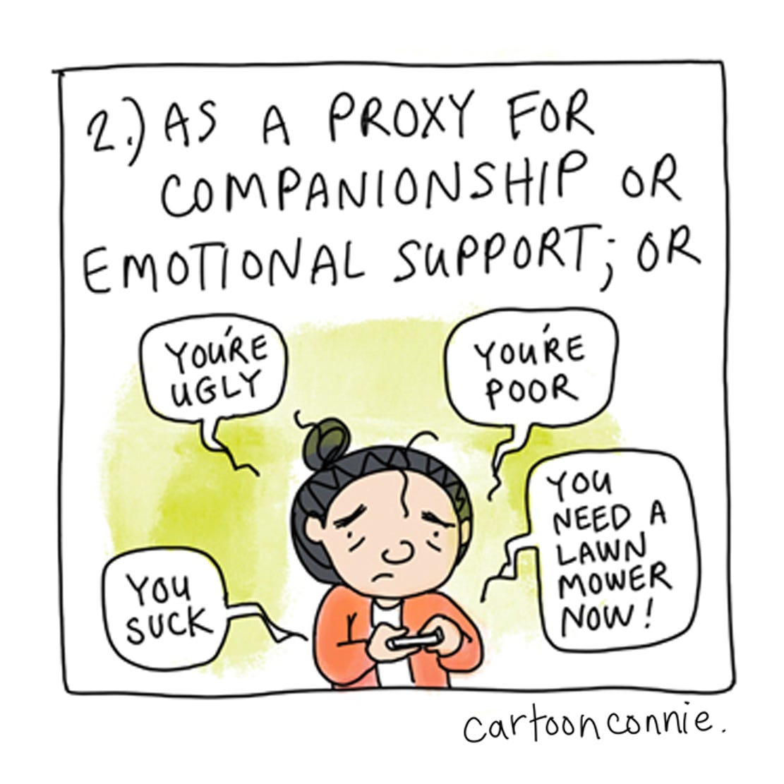 Panel 3 of a 6-panel comic strip about a cartoon girl with a bun, vowing to not use social media for getting news, for companionship, or as a measure of self-worth. Excerpt from "A Social Media Vow," original artwork by Connie Sun, cartoonconnie, 2025.