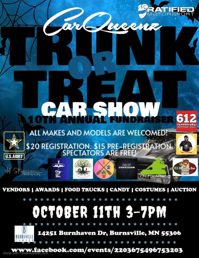 May be an image of ‎1 person, car and ‎text that says '‎CaлoweTи Can RATIFIED MOTORSPORT CAR SHOW ALL MAKES AND MODELS ARE WELCOMED! U.S.ARMY 612 TEPPnyK PPAA ypKa RPANEGEGAIL GRILL $20 REGISTRATION. $15 PRE-REGISTRATION. SPECTATORS ARE FREE! AA なれたこ入す。 Phatngrtahy MTAMALES CREATIONS VENDORS Hnark he هب EC AWARDS I FOOD TRUCKS I CANDY I COSTUMES AUCTION OCTOBER 11TH 3-7PM 14251 Burnhaven Dr, Burnsville, MN 55306 BURDSVILLE www.aceoo.om/eta‎'‎‎