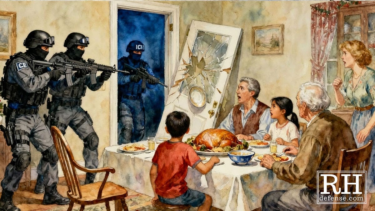 A watercolor-and-oil illustration of U.S. citizens a modern Thanksgiving dinner interrupted by ICE agents in full tactical gear. The front door is broken inward but not exploded, hanging crooked on its hinges. Agents aim rifles at a terrified family seated around a holiday table with a turkey and simple dishes. Children, parents, and grandparents react in shock as the armed officers enter the room. The warm lighting of the home contrasts sharply with the cold uniforms and weapons.