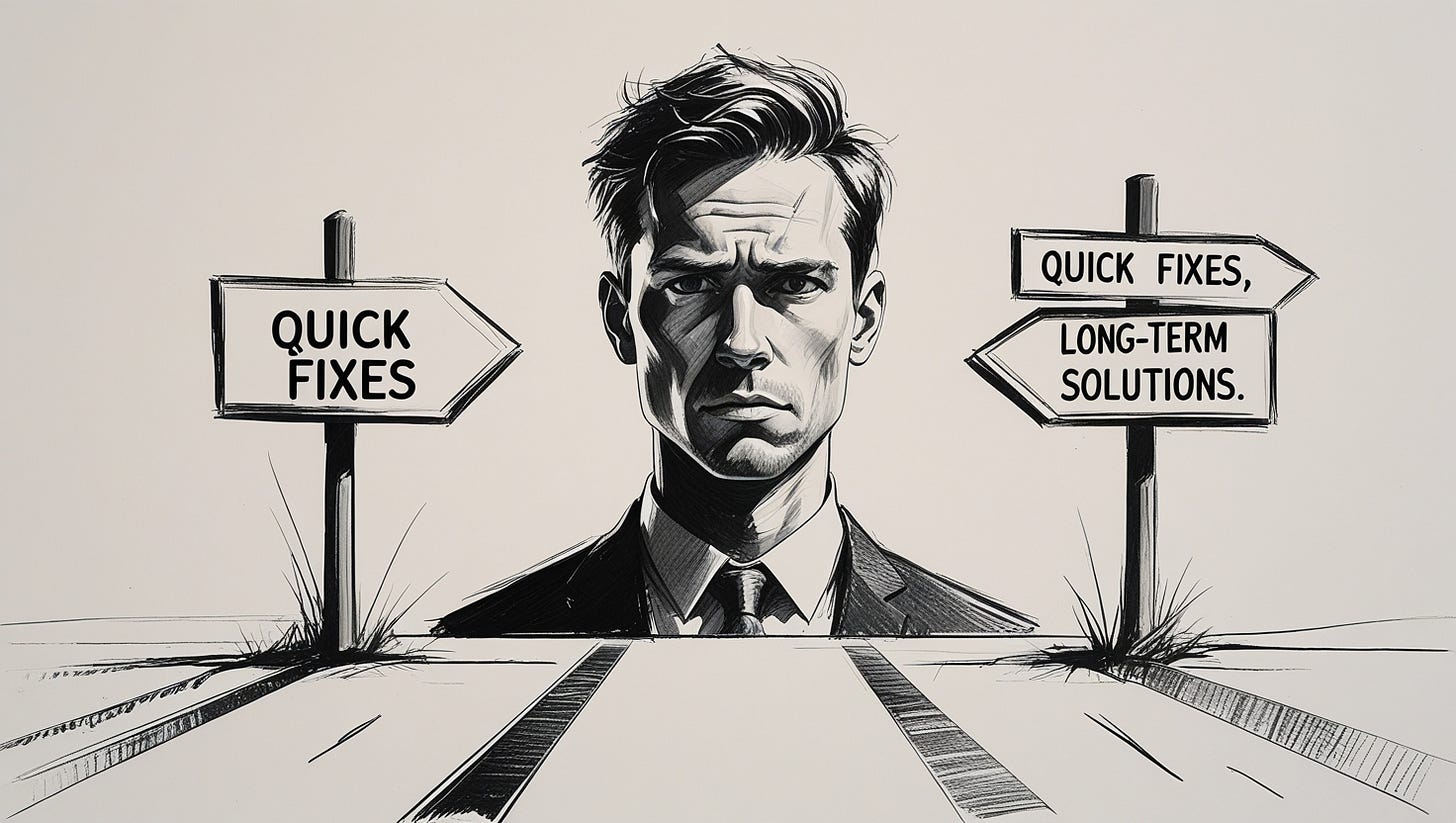 Founder at a crossroads deciding between quick fixes or long-term tech solutions.