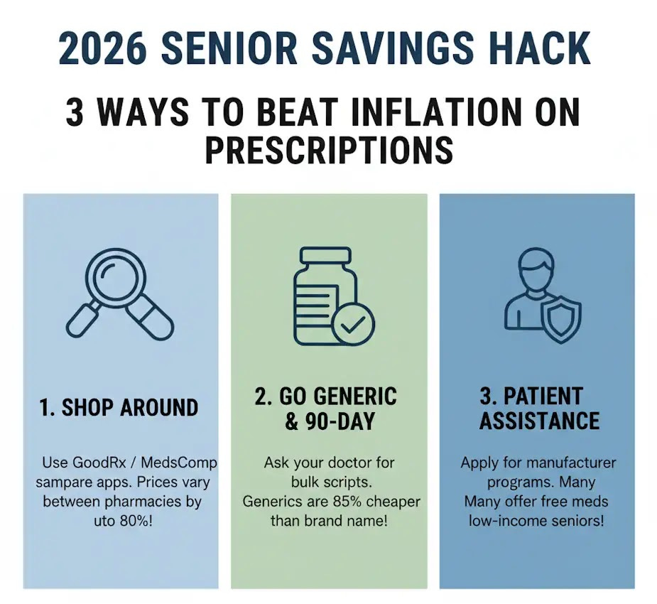 a social media "tip card" image focused on the 3 best ways to save on prescriptions in 2026