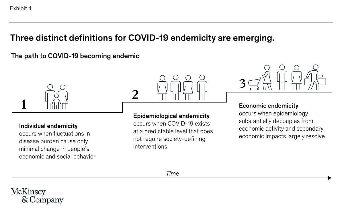 McKinsey consulting firm slide: "3 definitions for COVID-19 endemicity are emerging: 1 - Individual endemicity, 2 - Epidemiological endemicity, 3 - Economic endemicity" McKinsey consulting firm slide: "3 definitions for COVID-19 endemicity are emerging: 1 - Individual endemicity, 2 - Epidemiological endemicity, 3 - Economic endemicity"