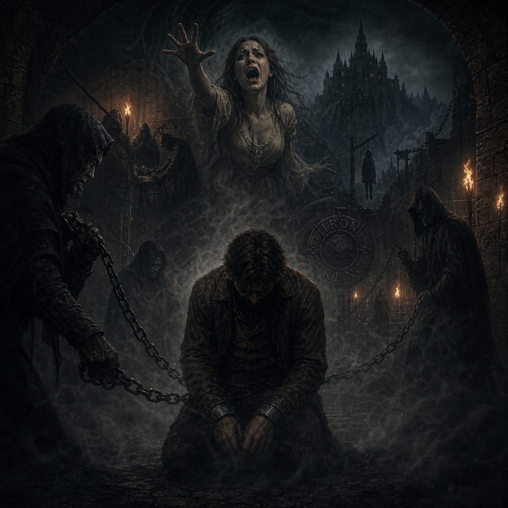 Greegan’s worst memories—Barovian gothic flashback of the Iron Ring, chains in torchlight, Eliza’s scream frozen in time, Greegan kneeling in swirling mist as guilt and shadow close in